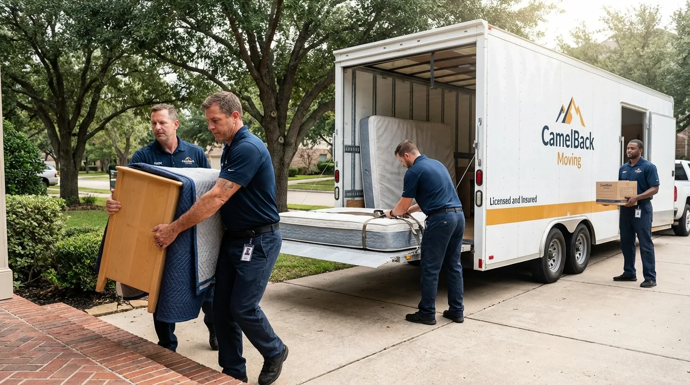 Crew loading residential truck for cross-state move from Fort Totten, ND
