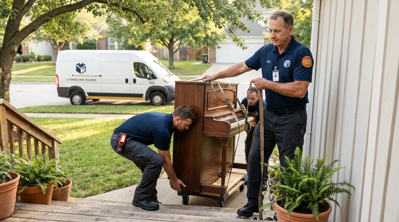Licensed piano movers securing grand piano in Fort Totten, ND