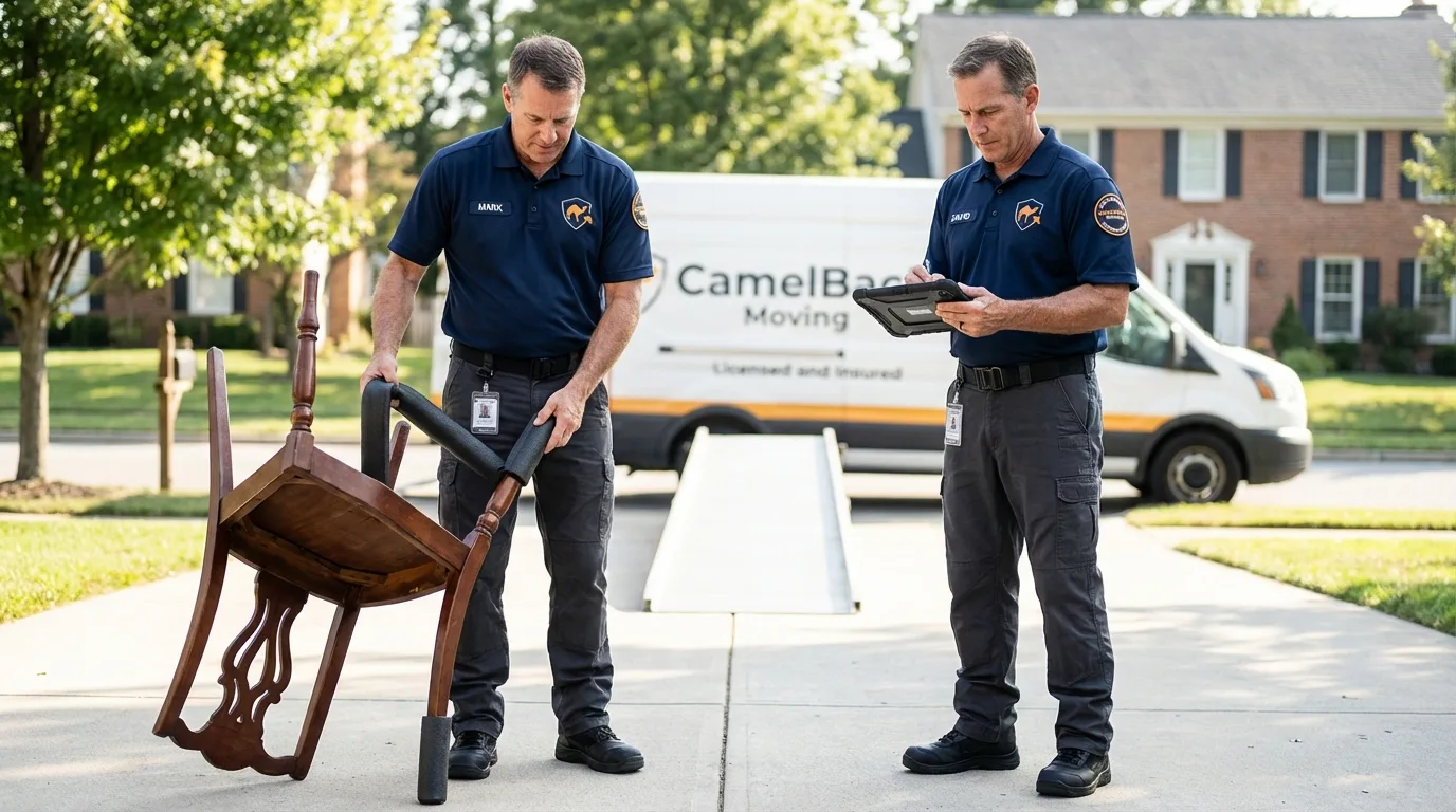 Movers inspecting furniture for damage prevention before loading in Fort Totten, ND